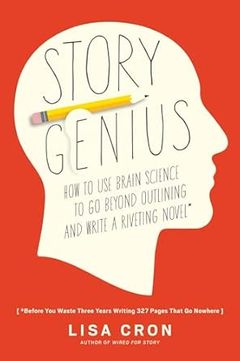 Book cover titled "Story Genius" by Lisa Cron, featuring a pencil and the silhouette of a human head on a red background.