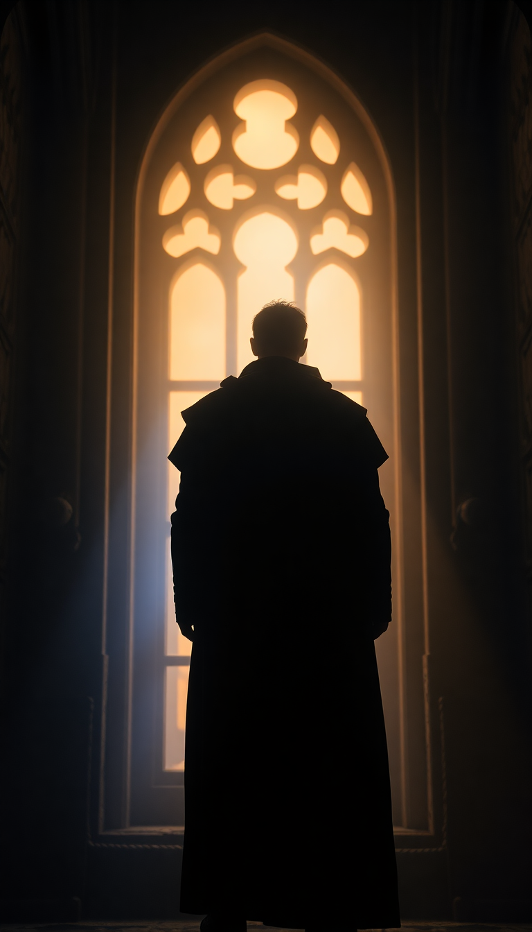 A man in a long dark coat, seen from behind, standing before a tall glowing gothic window