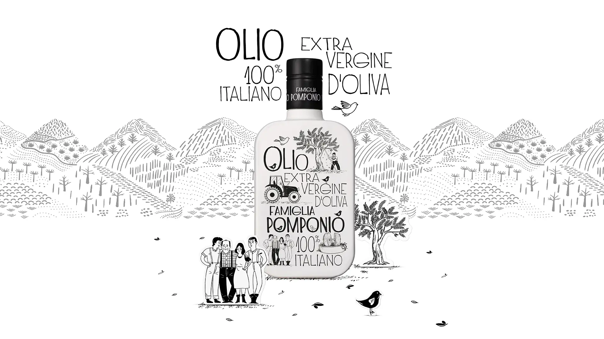 Bottiglia di Olio Extravergine d'Oliva Famiglia Pomponio con packaging illustrato in bianco e nero, su sfondo con paesaggio collinare disegnato a mano