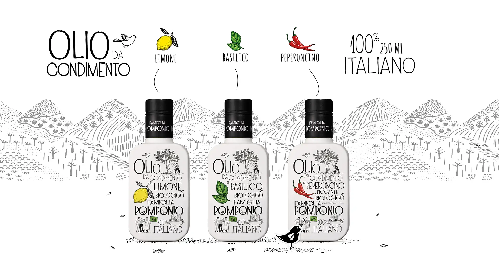 Gamma degli oli da condimento Famiglia Pomponio in tre varianti — Limone, Basilico e Peperoncino Piccante — con illustrazioni botaniche e sfondo paesaggistico