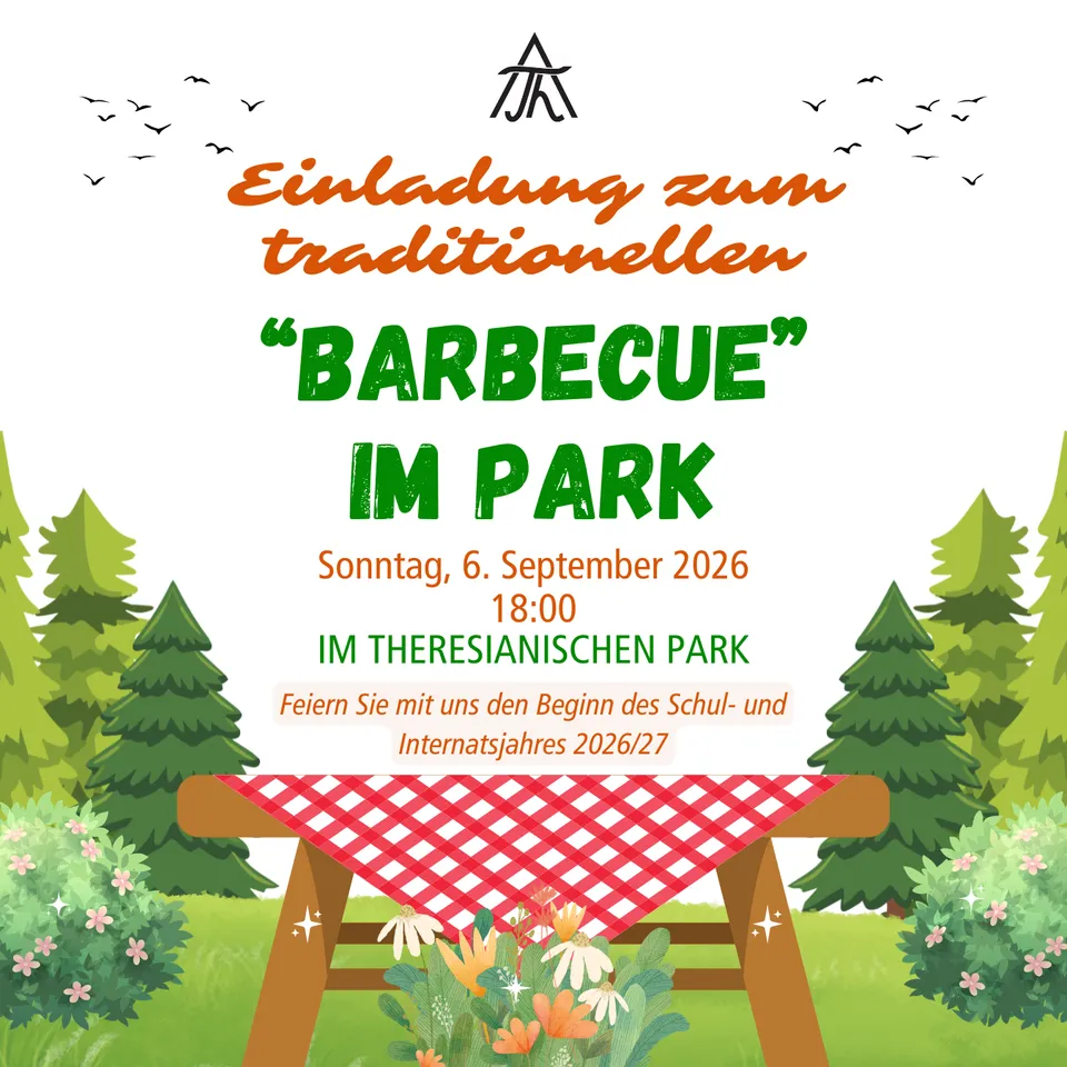 Invitation to a traditional barbecue in Theresianischen Park on September 6, 2026, at 18:00, celebrating the school year's start.