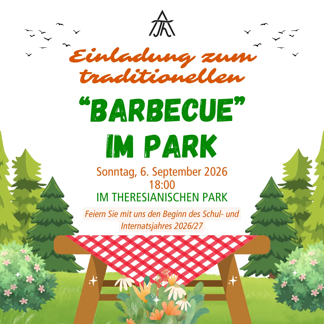 Invitation to a traditional barbecue in Theresianischen Park on September 6, 2026, at 18:00, celebrating the school year's start.