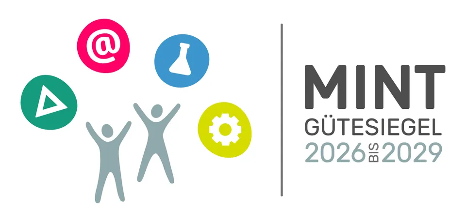 logo mit zwei grauen Illustrationen runden bunten Symbolen und mint guetesiegel 2023 bis 2026