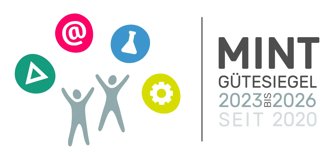 logo mit zwei grauen Illustrationen runden bunten Symbolen und mint guetesiegel 2023 bis 2026
