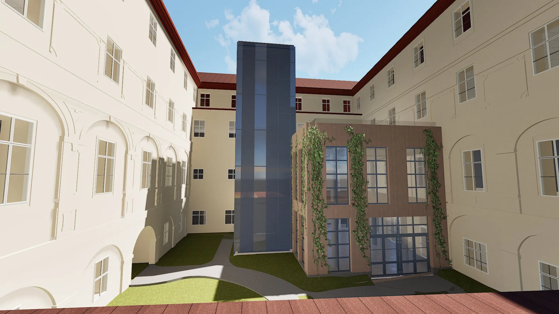 Rendering einer Innenhofansicht mit modernem Zubau und Stiegenhaus