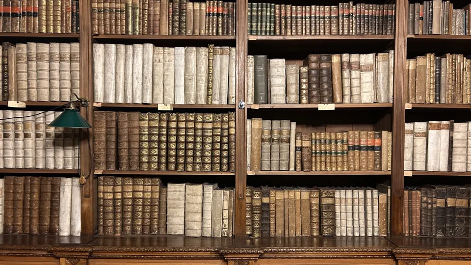 Vollgefülltes Bücherregal mit alten hochwertig eingebundenen Büchern