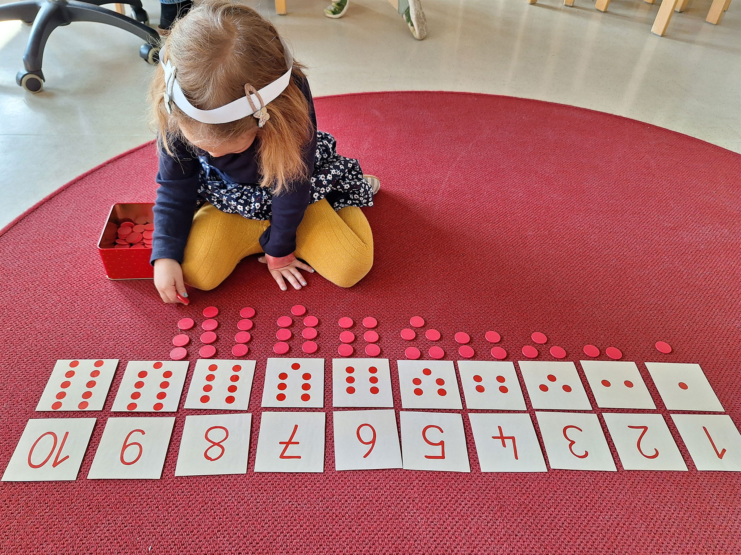 Mädchen mit blauem Rock und gelber Strumpfhose am Boden sitzend und mit Ziffernkarten und bunten Jetons spielend.