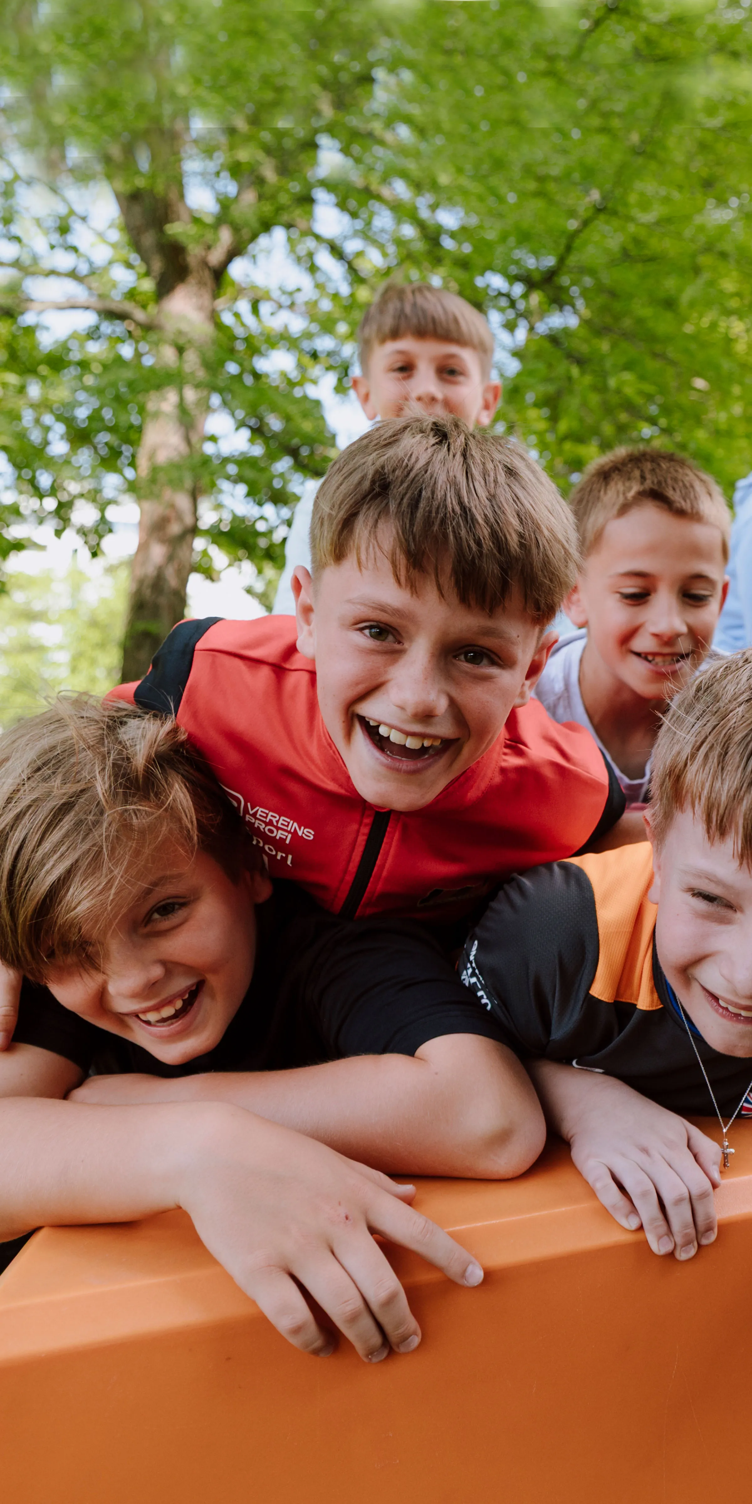 Gruppe von Burschen am Bauch unter einem Baum auf einem orangefarbenen Enzi übereinander liegend und ausgelassen lachend.