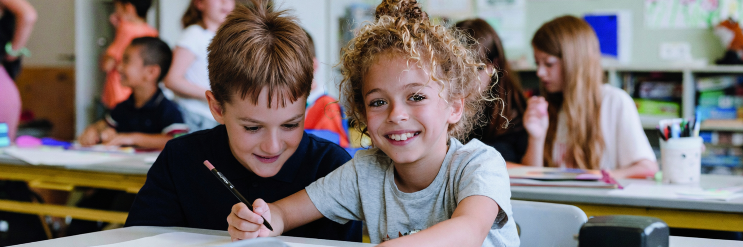 Ein blonder und ein brünetter Bursche in der Schule sitzend, verschmitzt in die Kamera lachend