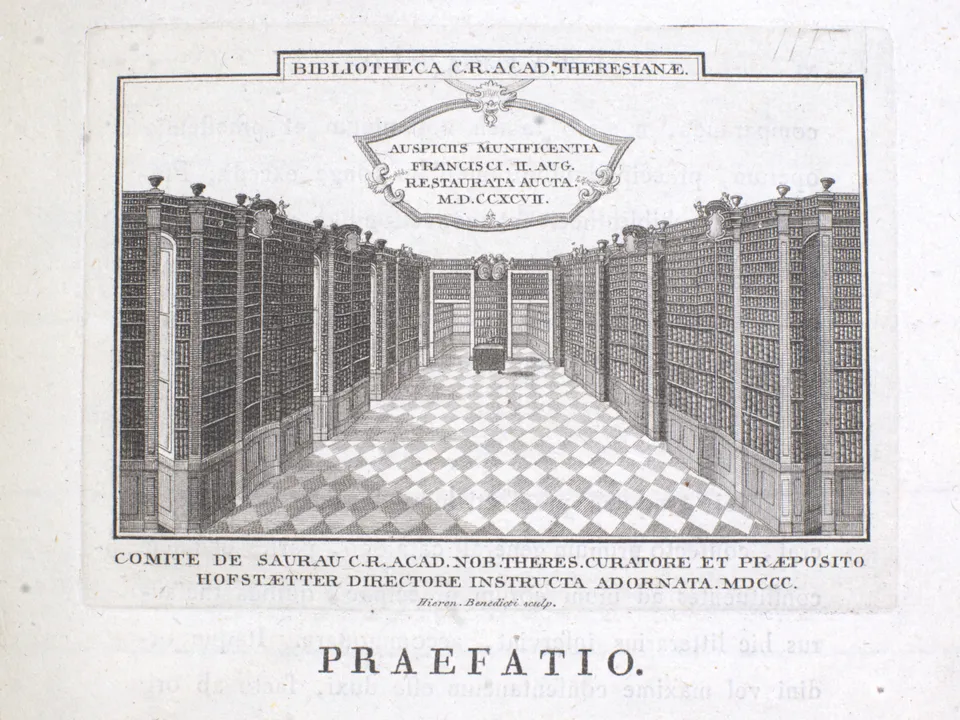 Buchseite mit historischem Kupferstich einer Bibliothek mit rautenförmigen Boden