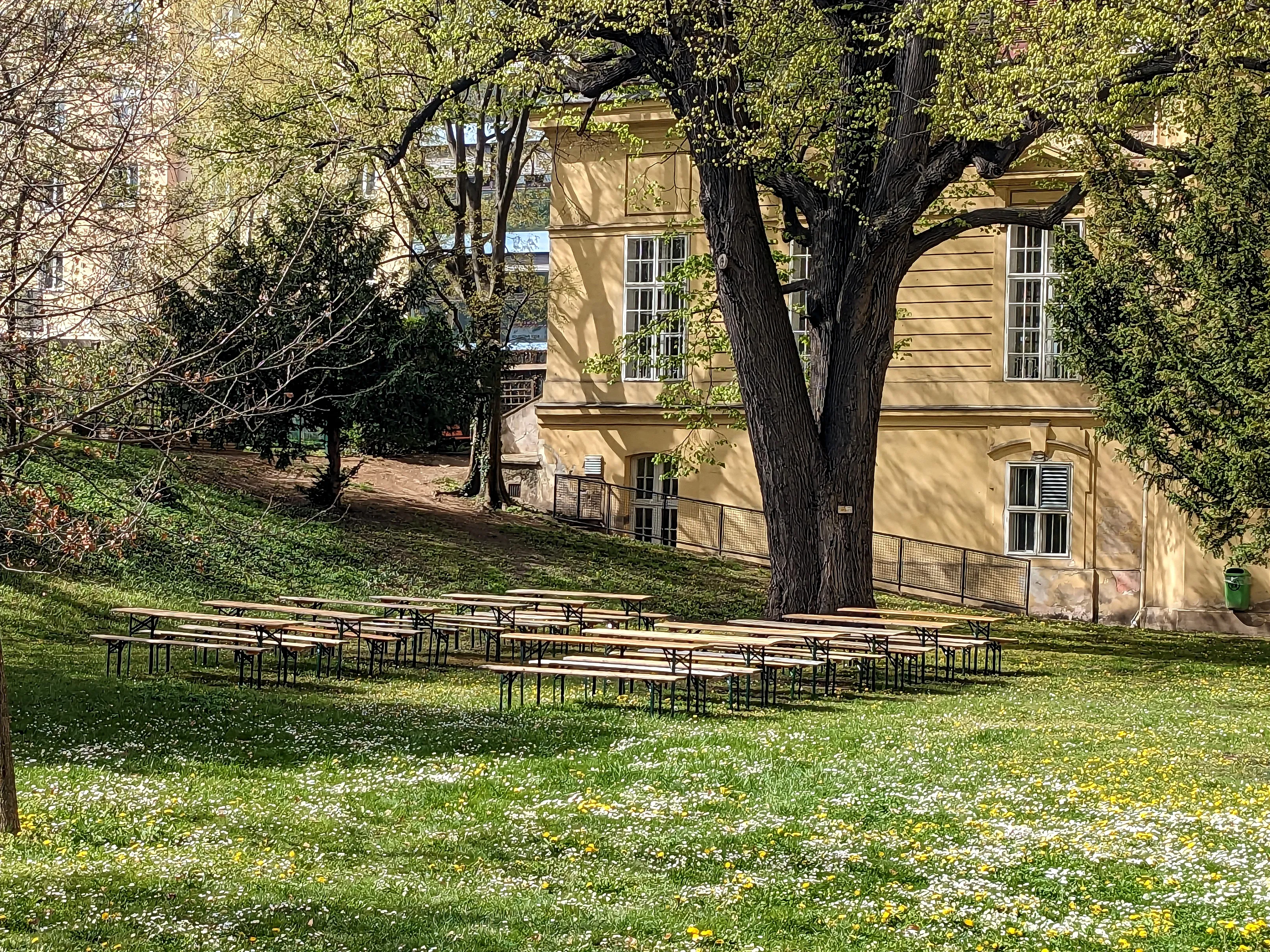 Heurigenbänke auf einer blühenden Frühlingswiese im Schatten eines alten Baumbestandes mit einem barocken Gebäude im Hintergrund