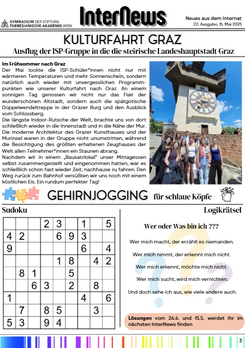 A newsletter page featuring a cultural trip to Graz, a photo of the city with a tower clock, and puzzles like Sudoku and logic riddles.