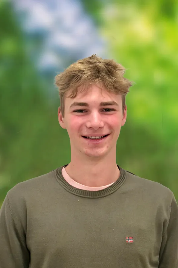 Portrait eines jungen Burschen mit blonden kurzen Haaren, buschigen Augenbrauen und einem moosgrünnen Pullover vor grünem verschwommenen Hintergrund