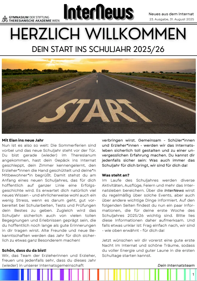 Front page of a newsletter titled "InterNews" in German, welcoming students to the 2025/26 school year.