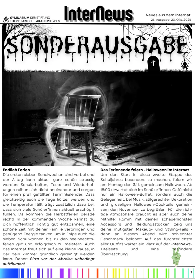 Black and white Halloween-themed newsletter cover with "SONDERAUSGABE" in dripping font, a chair, and graveyard imagery.