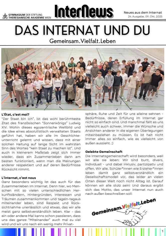 Group of students posing in a gymnasium with "InterNews" newsletter header: "DAS INTERNAT UND DU" and text in German about community living.