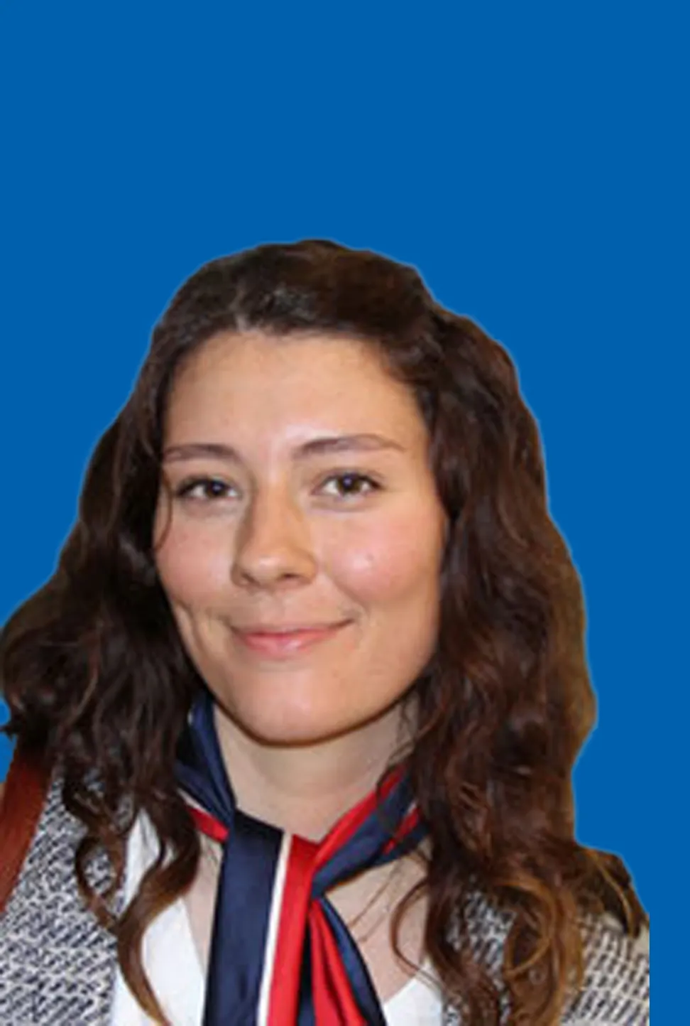 Frau mit gewelltem dunkelbraunen langen Haaren, die leicht lächelt und einen grau gemusterten Blazer mit einem rot-blauen Halstuch trägt.