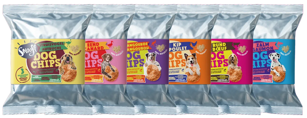 Six colorful packets of 