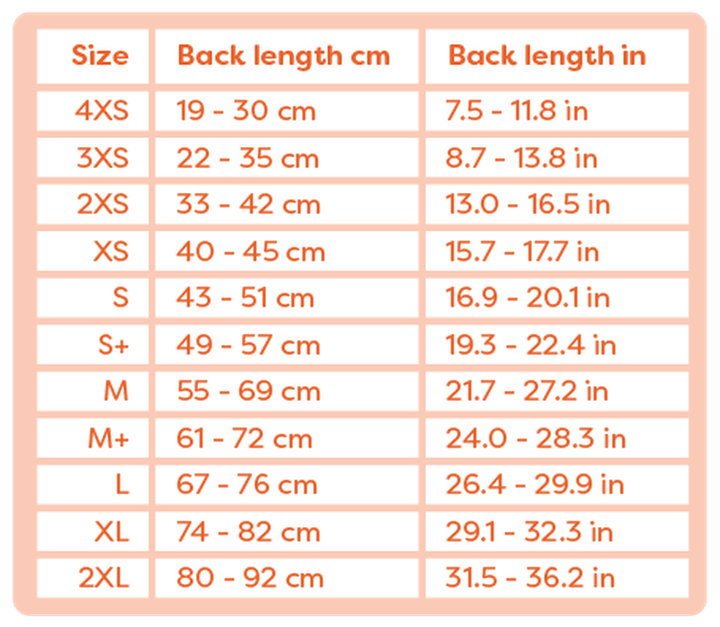Size chart showing back length in centimeters and inches for sizes 4XS to 2XL, with corresponding ranges for each size.