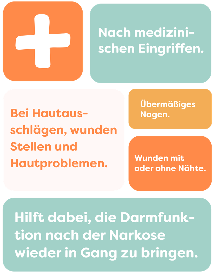 Colorful blocks with German text about skin issues, post-surgery care, and restoring bowel function. Plus sign on orange block.