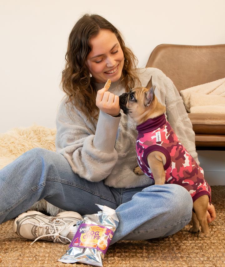 Woman sitting on the floor, smiling at a French Bulldog in a pink camo outfit, holding a treat. A bag of dog chips is nearby.