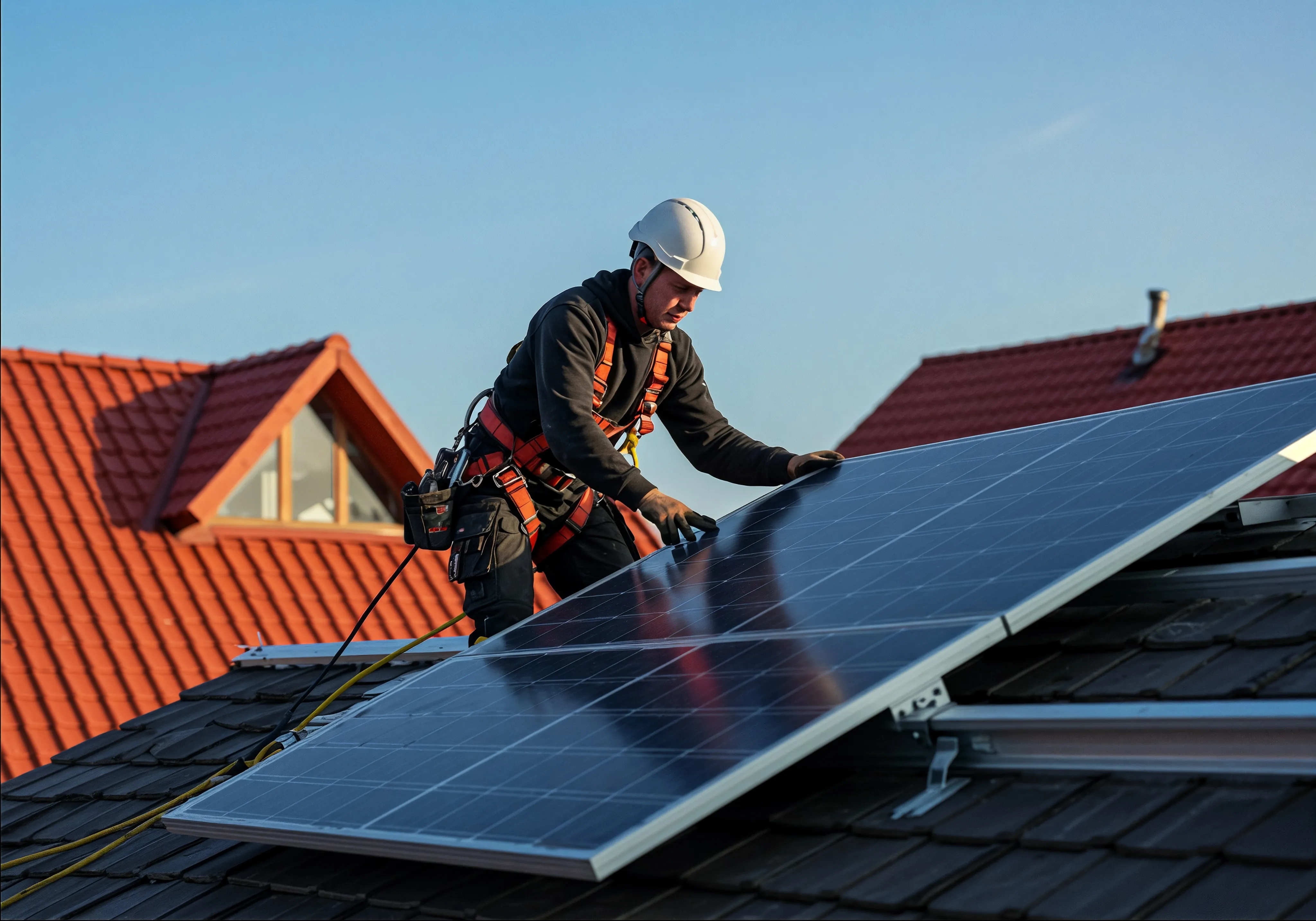 Man installing solar panels roof