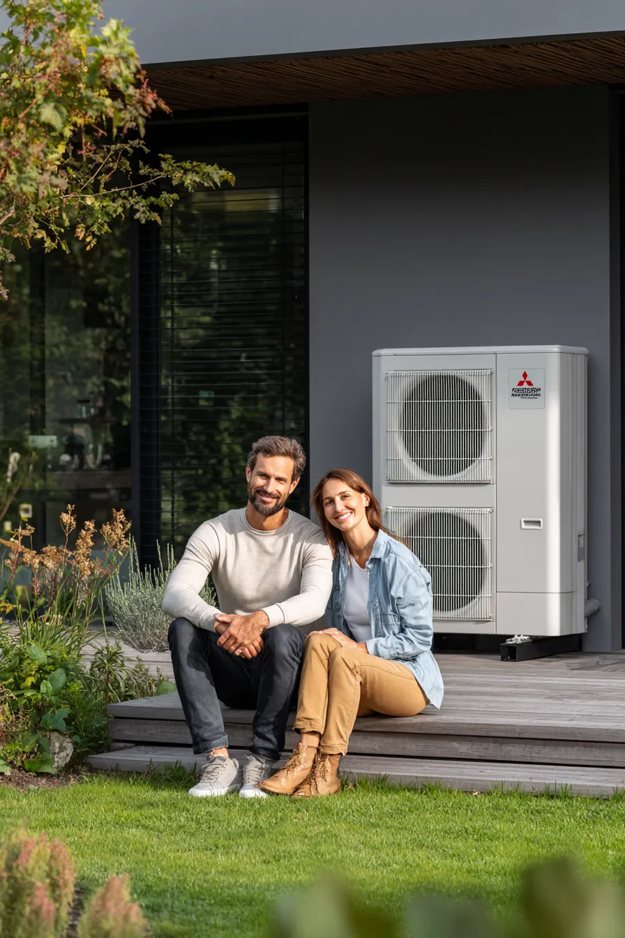 Happy couple before heat pump