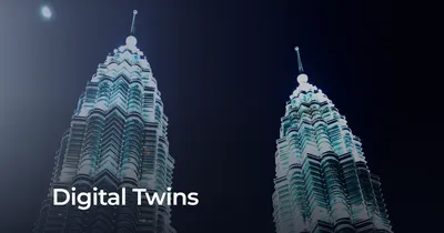 Teaser image for the blog post 'Digital Twins': two blurred twin towers in the background with a round portrait photo of Max Mäffert, Data Space-Consultant at sovity, on the right.