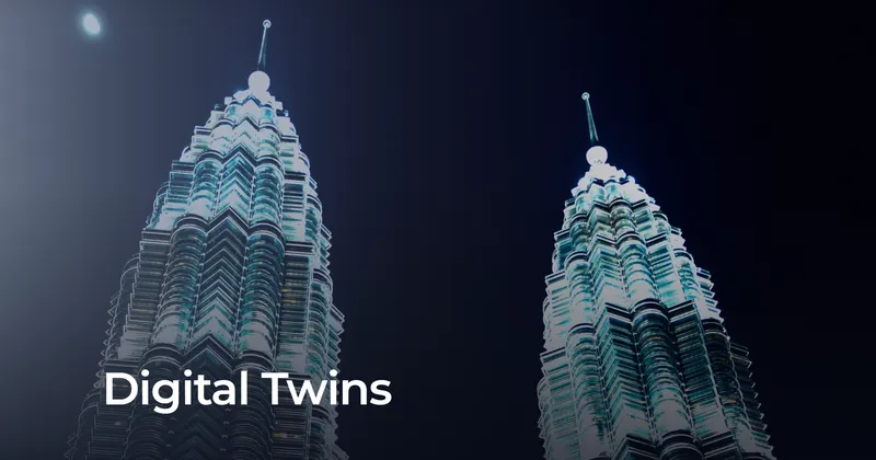 Teaser image for the blog post 'Digital Twins': two blurred twin towers in the background with a round portrait photo of Max Mäffert, Data Space-Consultant at sovity, on the right.