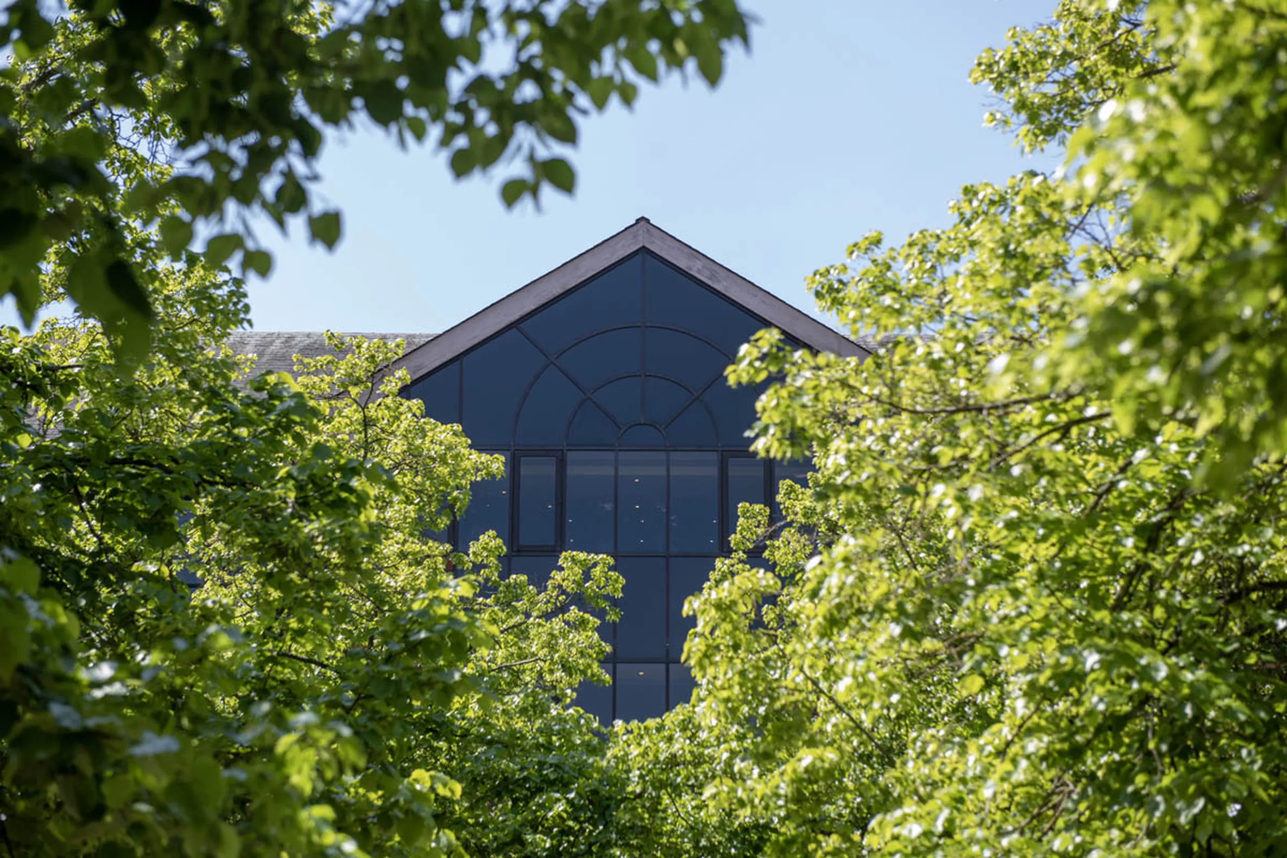Gabled window between lush green trees