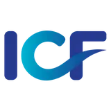 Blue "ICF" logo with abstract design