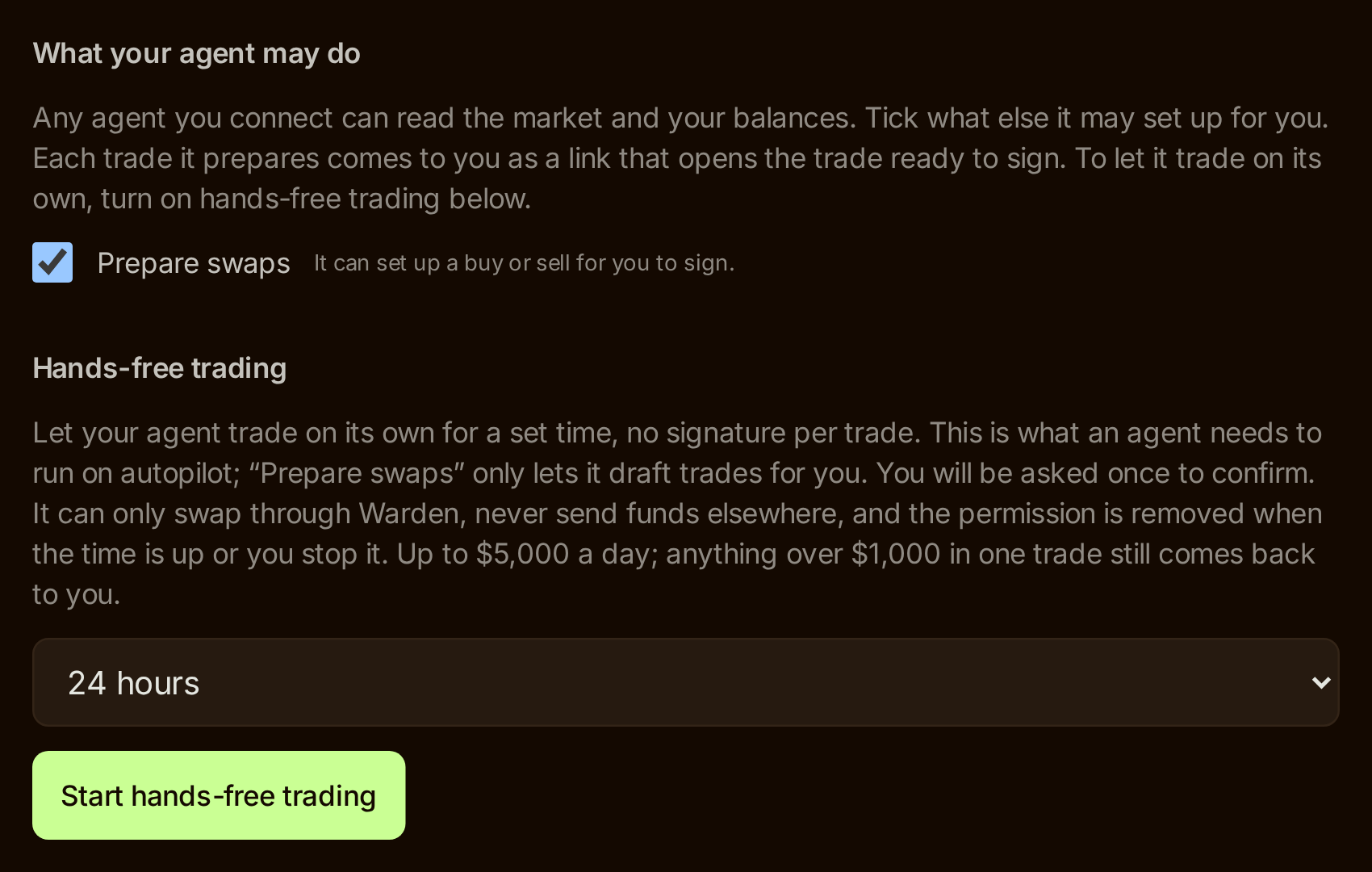 Portfolio, Agents tab: tick Prepare swaps, pick how long the session lasts, then press Start hands-free trading. Example screen with default values, not a live account. Warden Token Terminal, Portfolio, Agents tab: the Prepare swaps checkbox ticked, the Hands-free trading panel with a 24 hours session length and the Start hands-free trading button.