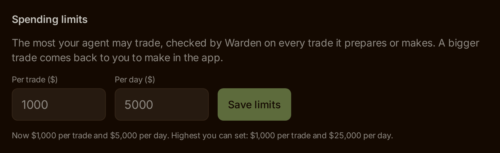 Spending limits: set Per trade and Per day, then press Save limits. Example screen with default values. Warden Token Terminal, Portfolio, Agents tab: the Spending limits panel with Per trade ($) 1000, Per day ($) 5000 and a Save limits button, and the line Now $1,000 per trade and $5,000 per day.