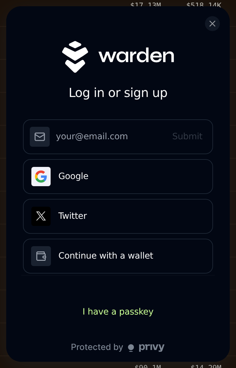 The Warden sign-in options: email, Google, X or your own wallet. The Warden sign-in dialog, Log in or sign up: an email field, Google, Twitter (X) and Continue with a wallet.