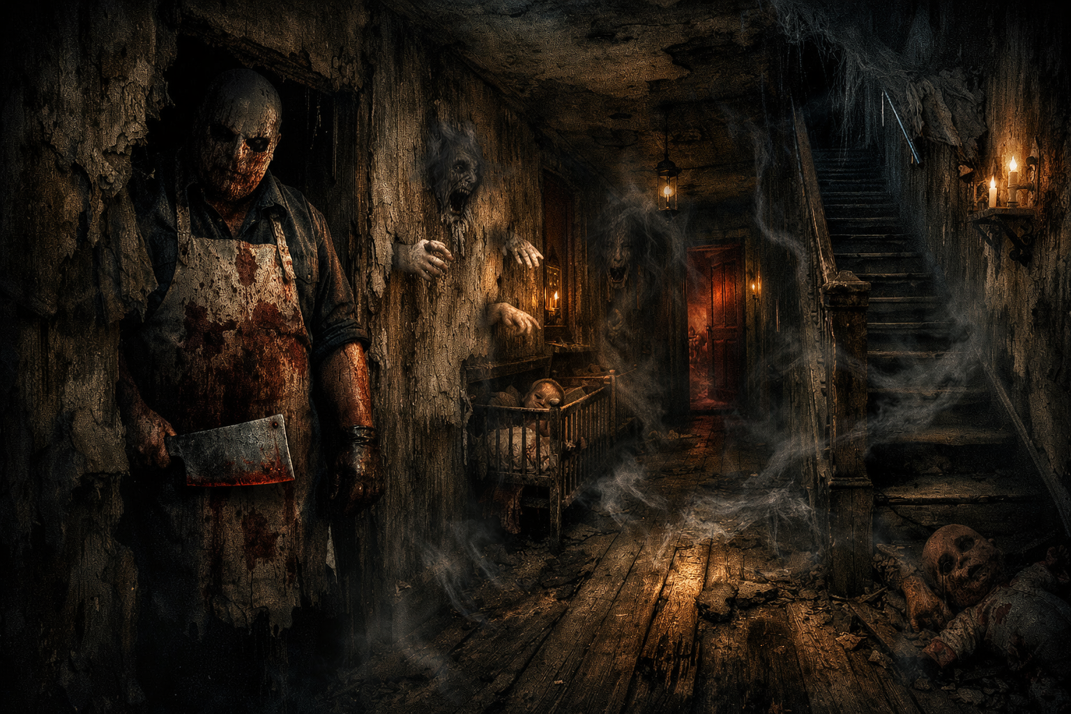 A dimly lit, eerie hallway features a bloodied figure with a cleaver, ghostly hands reaching out, and skulls scattered near a cobweb-covered staircase.