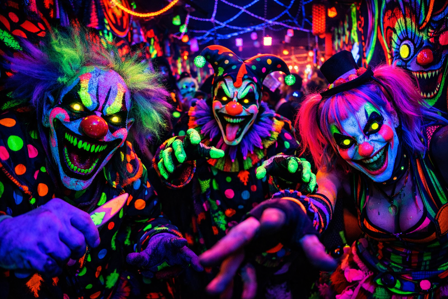 Creepy clowns with glowing eyes and neon costumes reaching towards the viewer in a blacklight-lit setting.