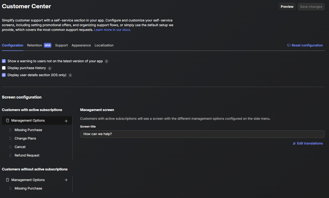RevenueCat Customer Center configuration