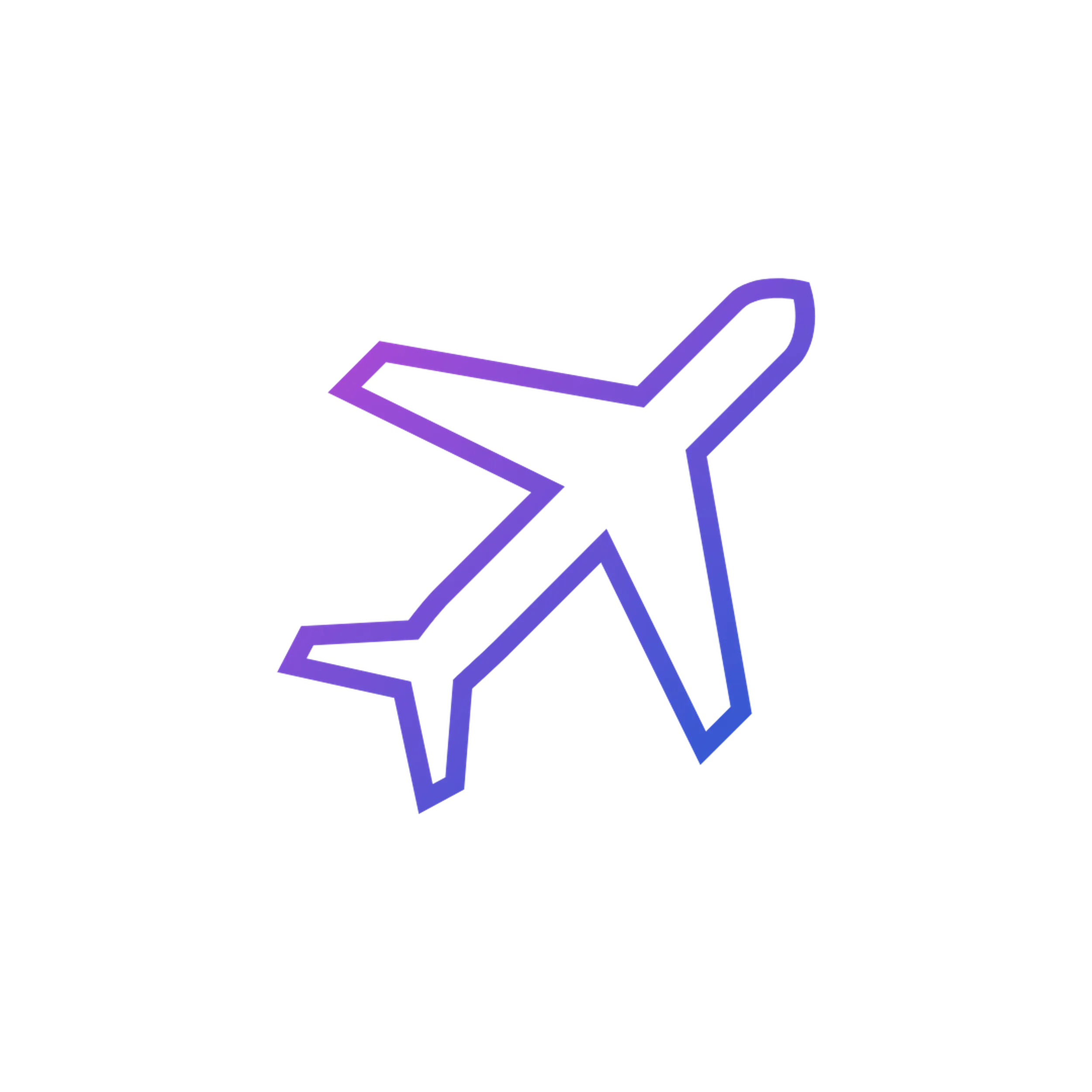 Outline of an airplane in gradient colors, transitioning from purple to blue, on a black background.