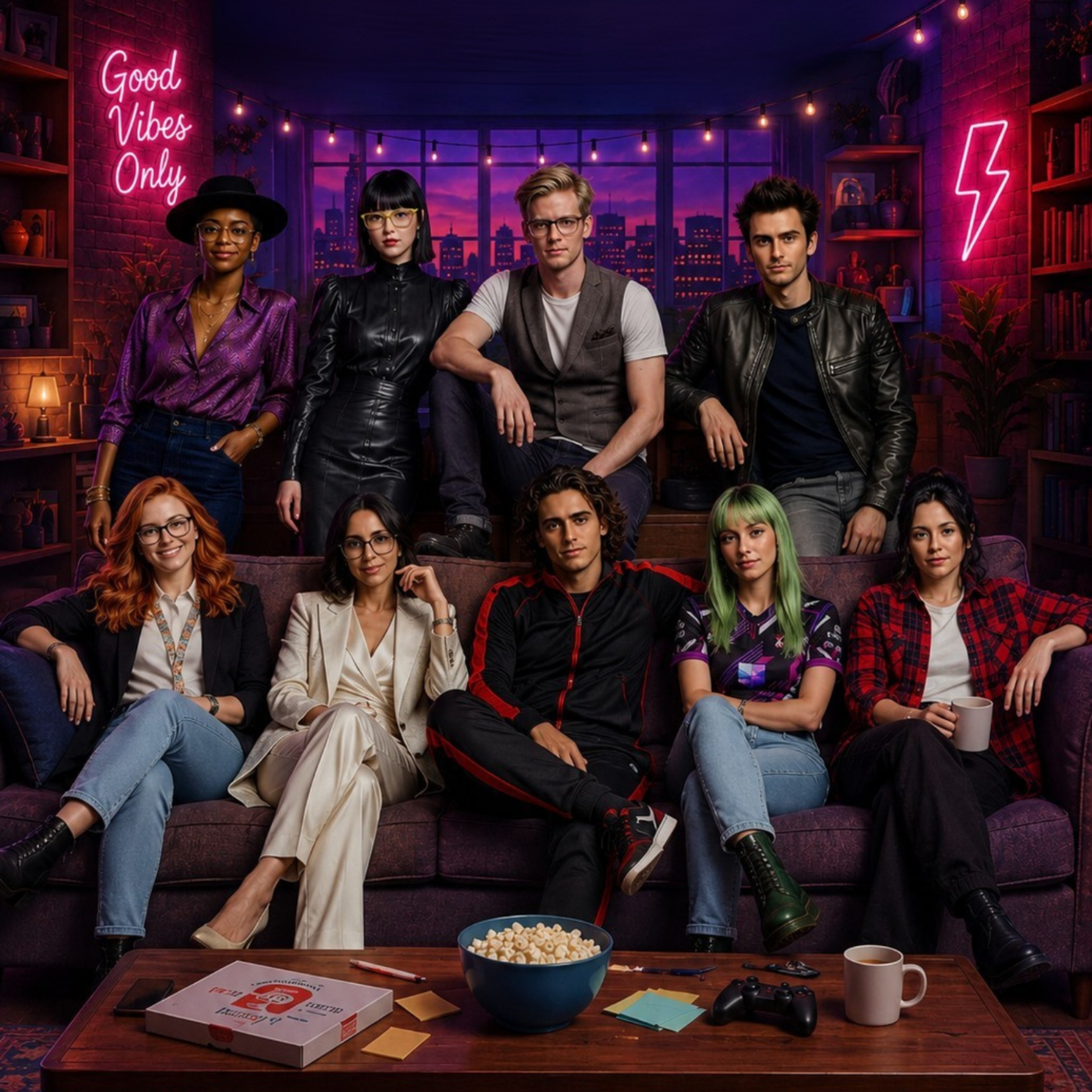 A group of nine people posed in a stylish living room with neon signs, featuring a couch, popcorn, pizza, and game controllers.