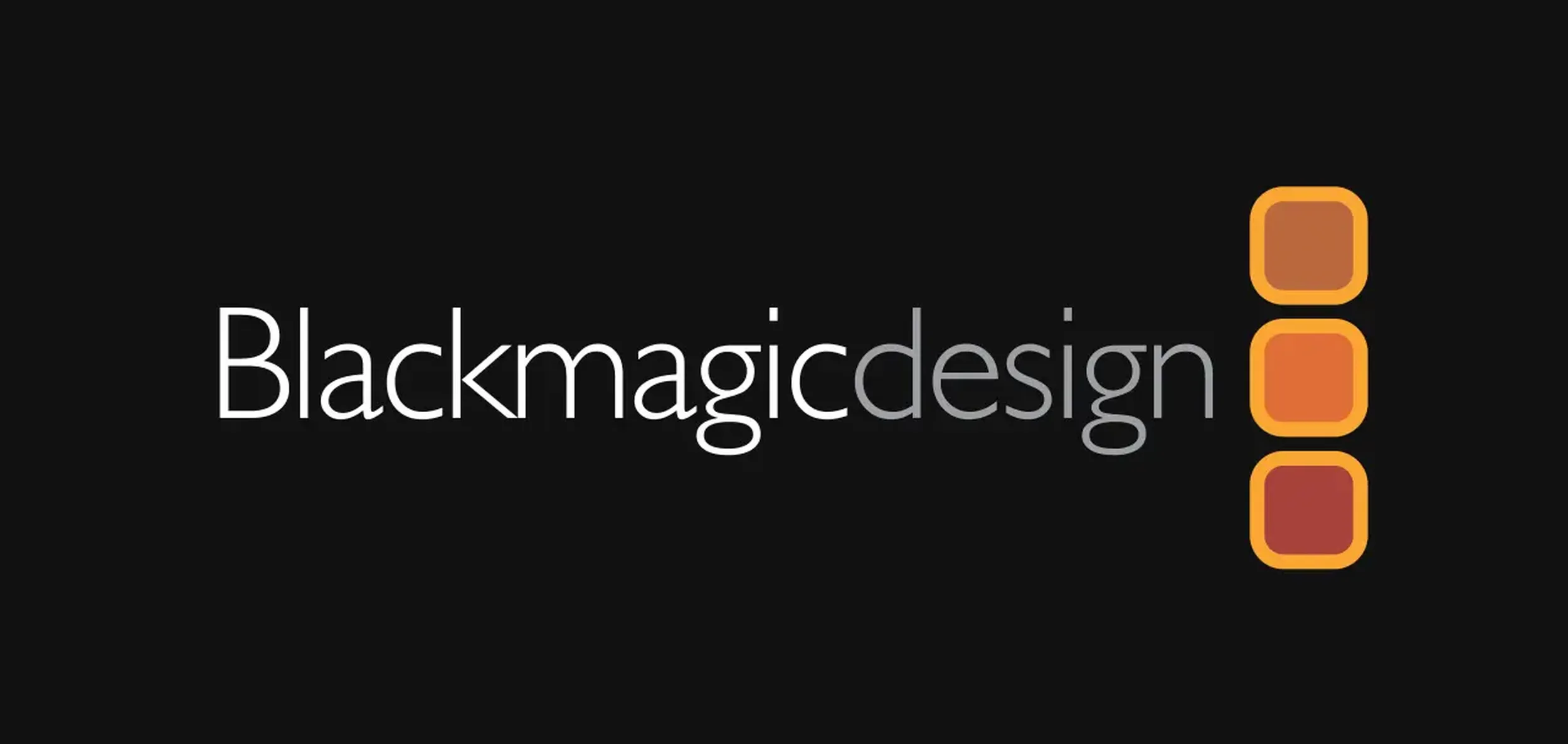 Blackmagic Design logo featuring the company name in white on a black background with three orange squares to the right.