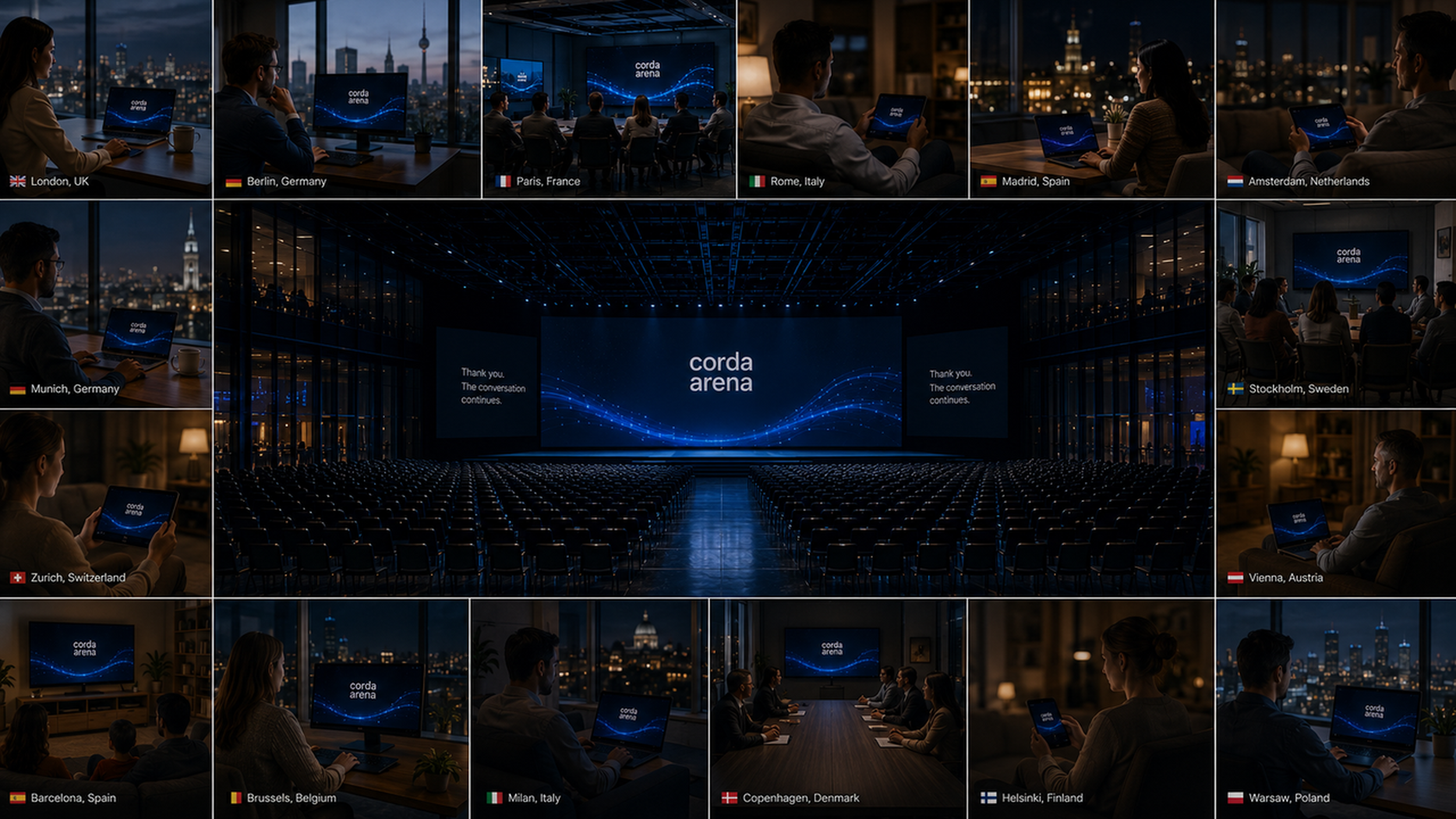 Collage of people in various global cities watching "Corda Arena" on screens, with a central image of a large, empty auditorium.