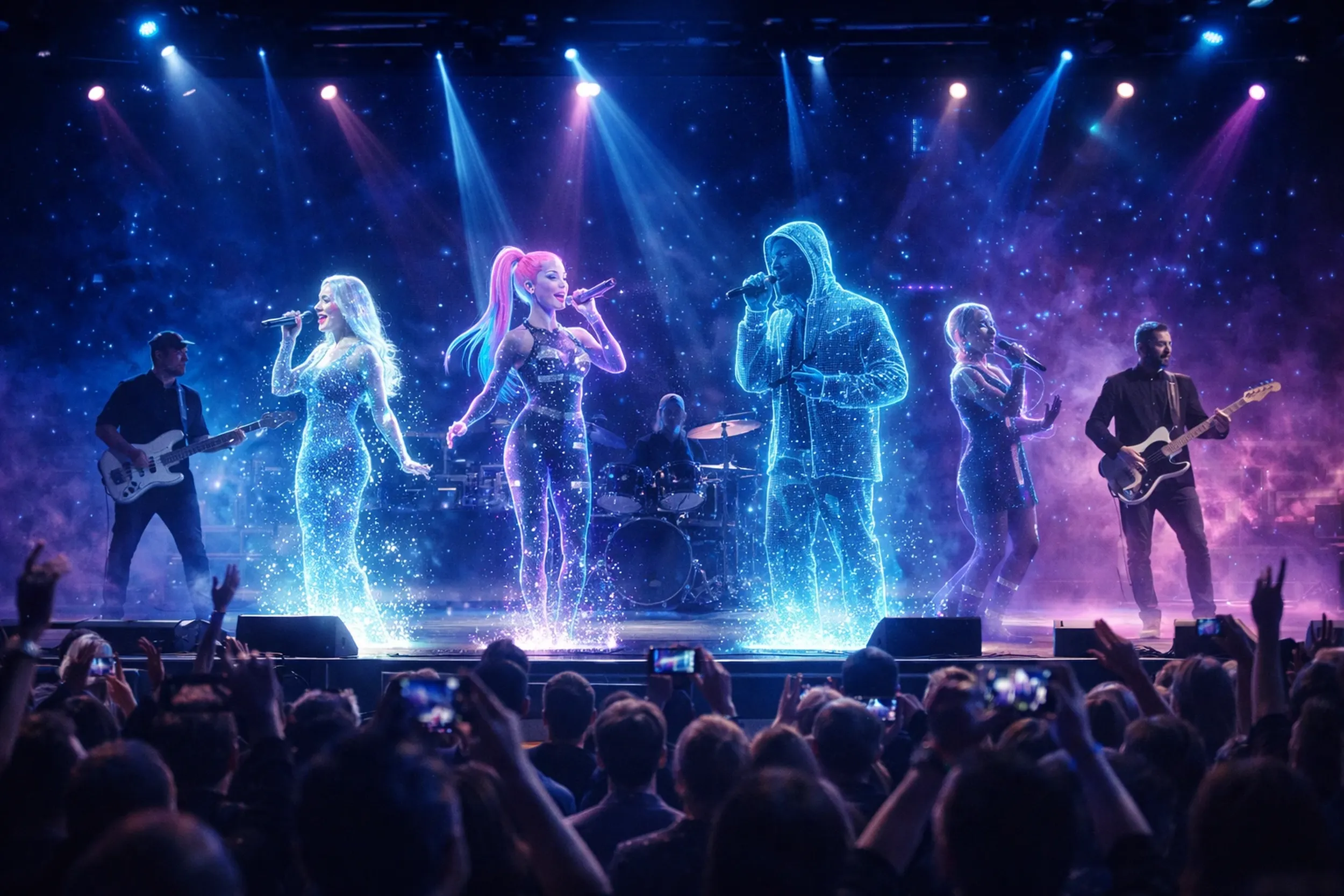 Virtual band with holographic musicians and singers performing on stage, surrounded by vibrant lights and an enthusiastic audience.
