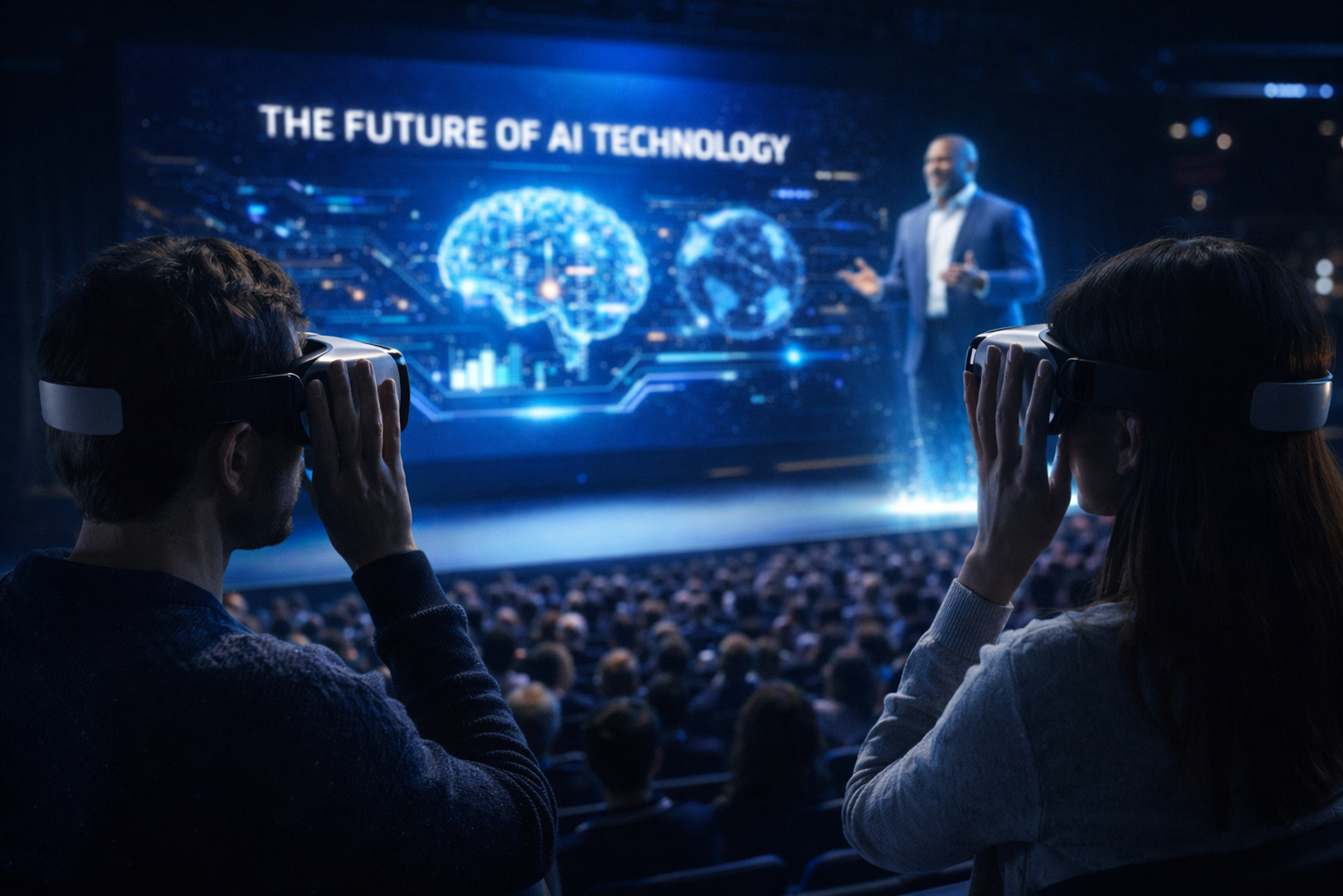 Audience wearing VR headsets watches a presentation on "The Future of AI Technology" with digital brain graphics on a large screen.
