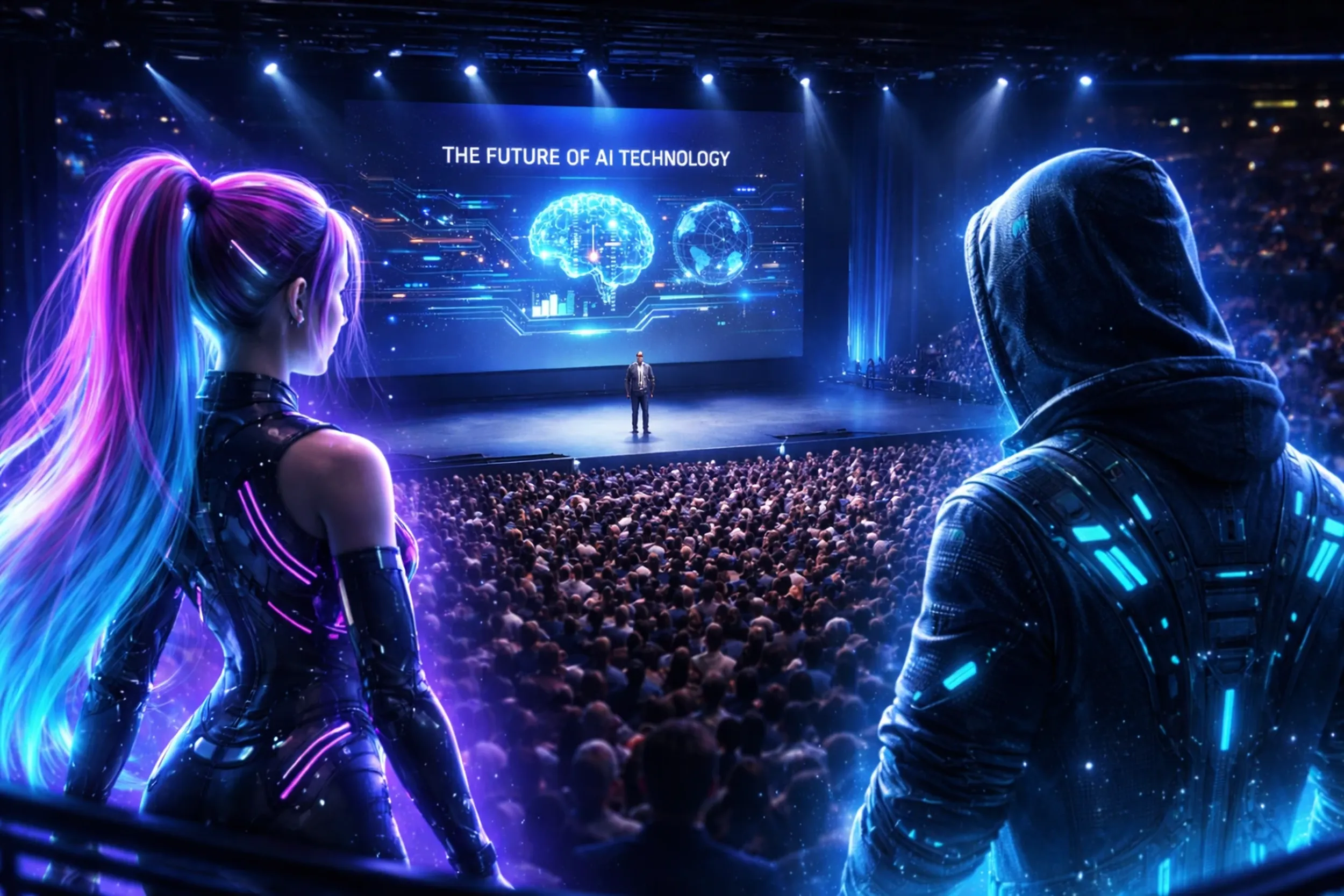 A futuristic conference stage showcases "The Future of AI Technology," with a speaker, a large audience, and holographic figures in neon lighting.