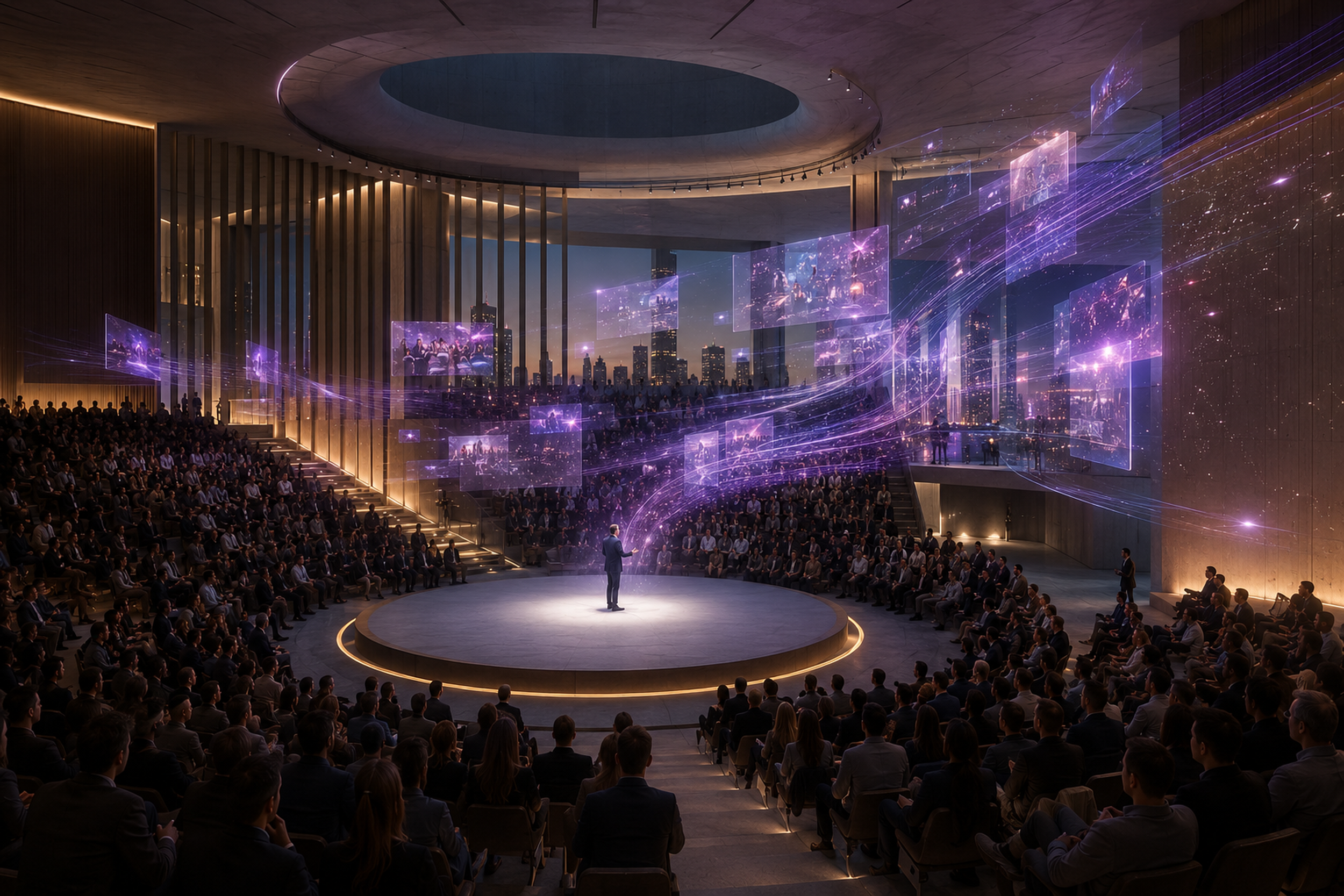 A futuristic auditorium with a large audience, featuring a speaker on a circular stage surrounded by holographic screens displaying vibrant digital visuals.