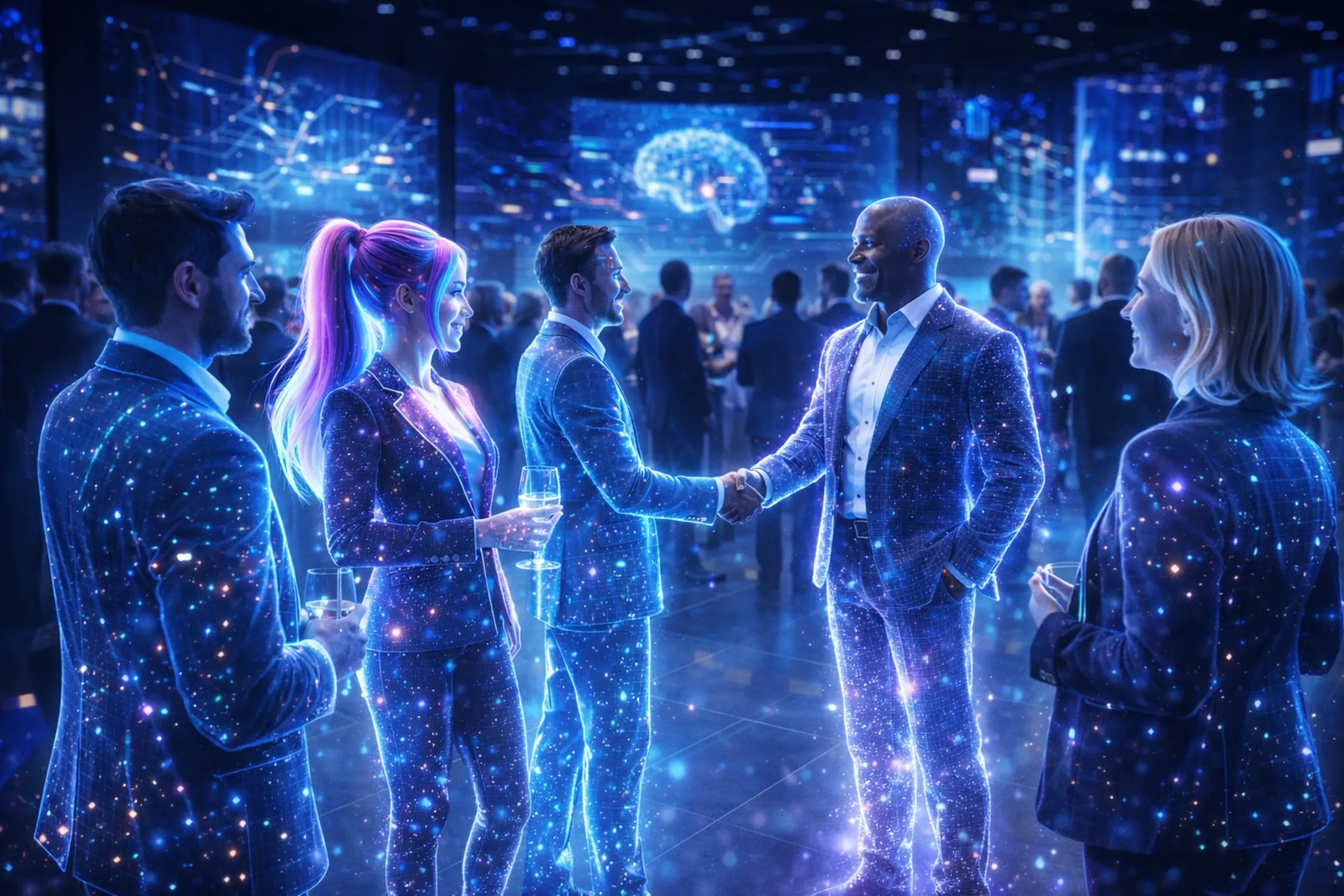 People in futuristic attire networking at a digital-themed event, with holographic visuals and a central display screen showing a brain illustration.