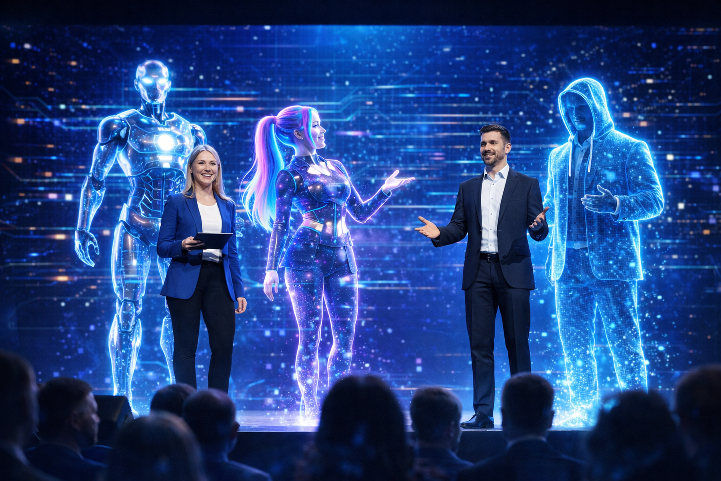 Two people in business attire present on stage with holographic figures of a robot, an anime character, and a hooded figure in the background.