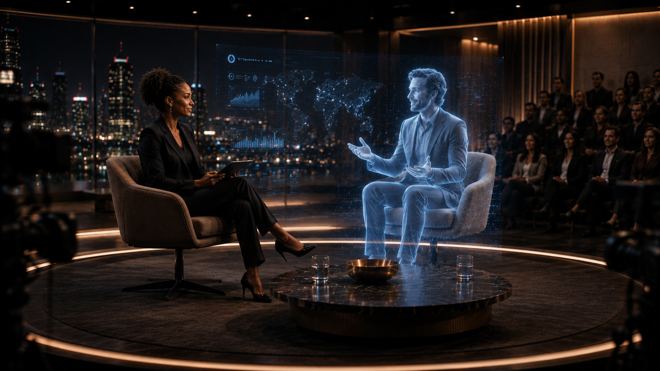 TV host interviews a holographic figure in a studio with a cityscape backdrop and audience watching.