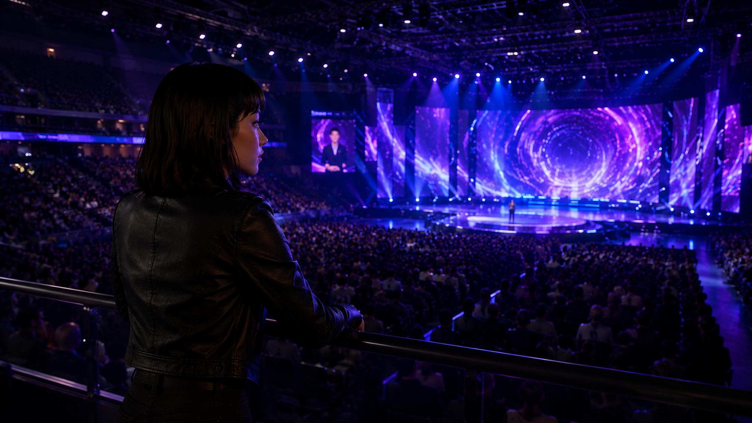 A woman in a leather jacket overlooks a large, crowded stadium with purple and blue lighting, focused on a vibrant stage with a circular design.