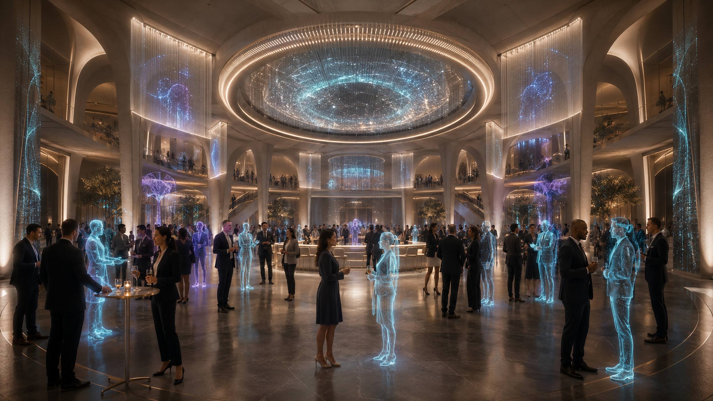 A futuristic gathering in a large hall with people mingling alongside holographic figures, under a ceiling displaying digital constellations.